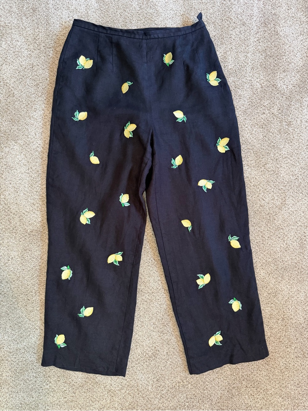 Talbots Black 100% Irish Linen Ankle Pants with Yellow Lemon Embroidery